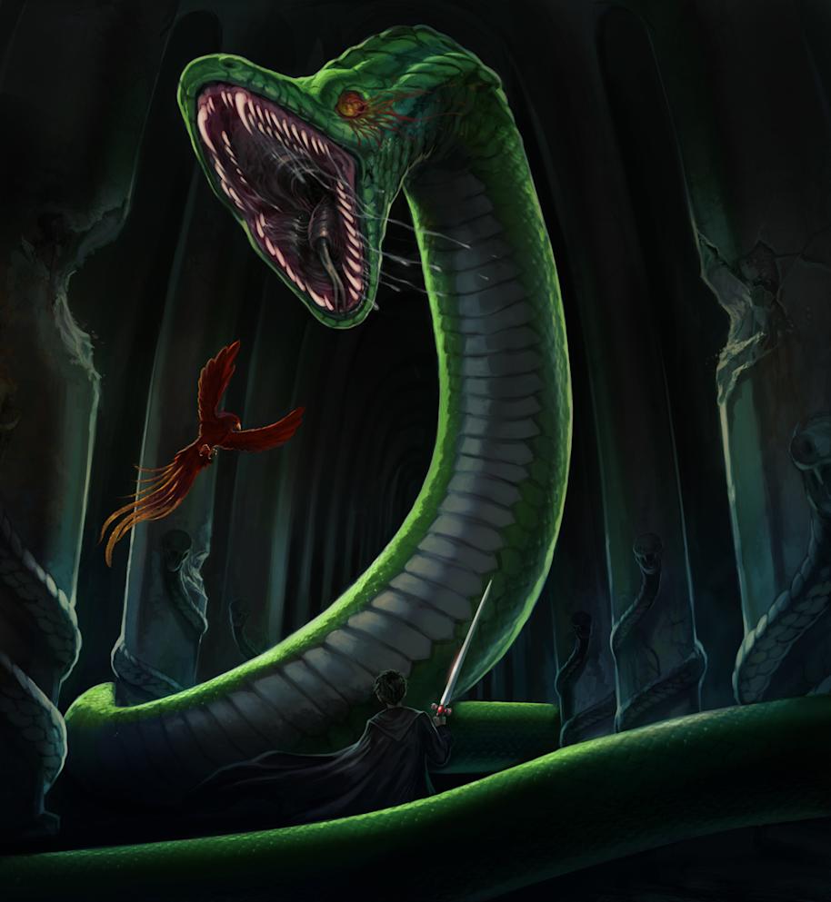 Basilisk being fought by Fawkes